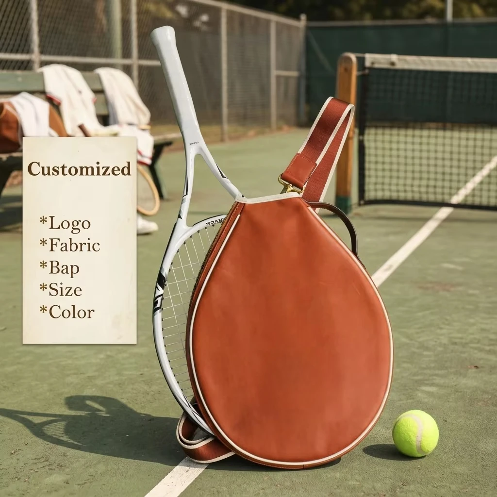 Custom  Leather Tennis Racket Bag, Lightweight Portable Tennis Racket Carry Cover Outdoor Sports Storage Bag