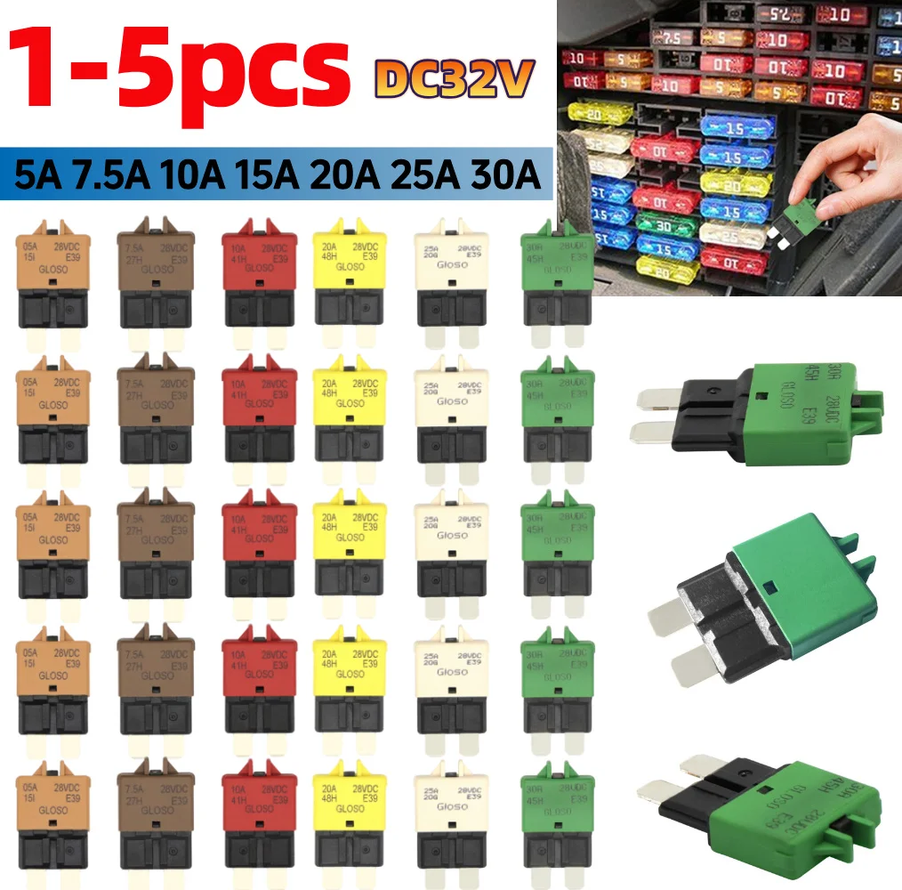 1-5 Stück Auto Motorrad LKW Boot Marine 5A 7,5A 10A 20A 25A DC 28V Manuell Rücksetzbare ATC-Schutzschalter Flachsicherung Teile Auto-Zubehör