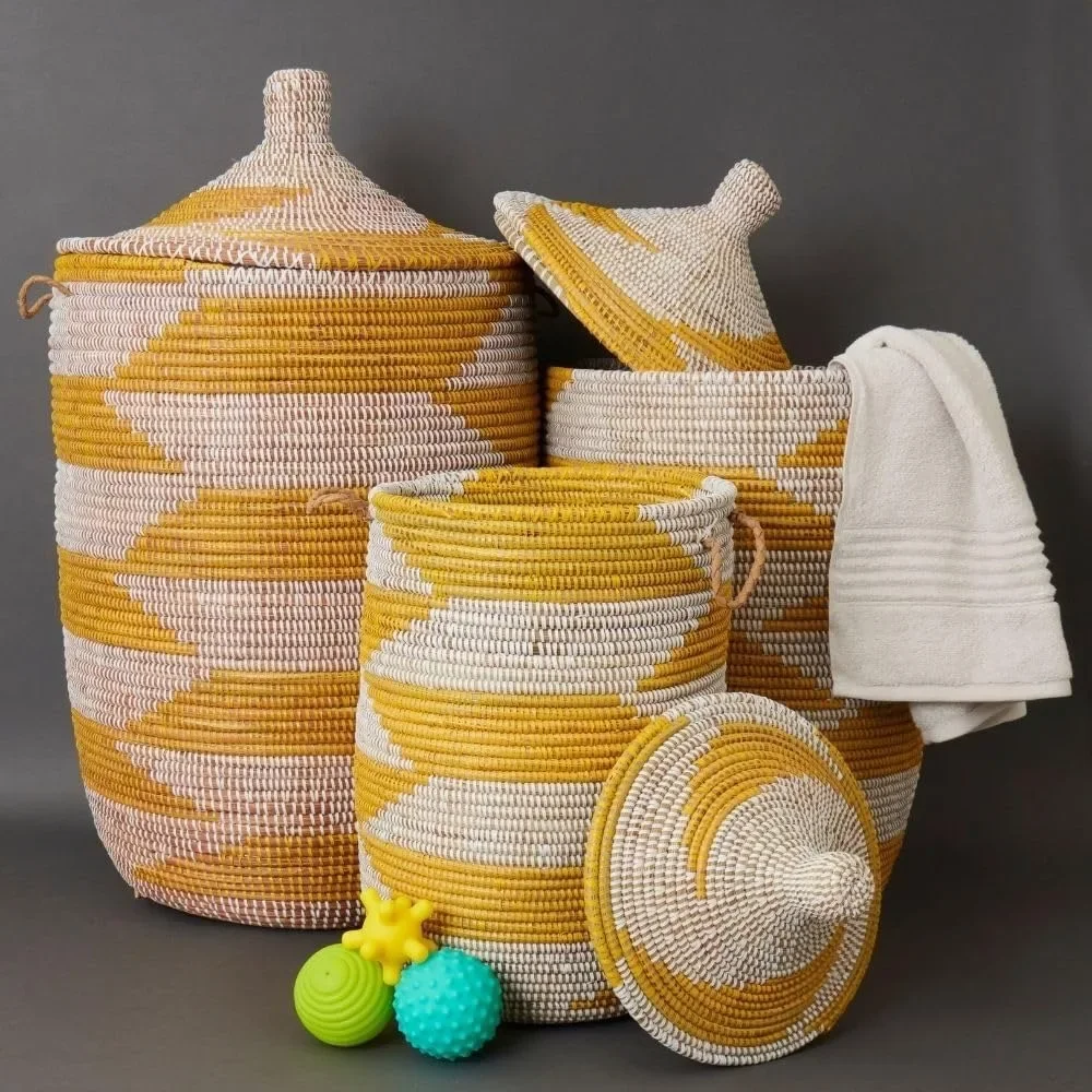 Large Handwoven Storage Basket Hooded Lid (Yellow White)