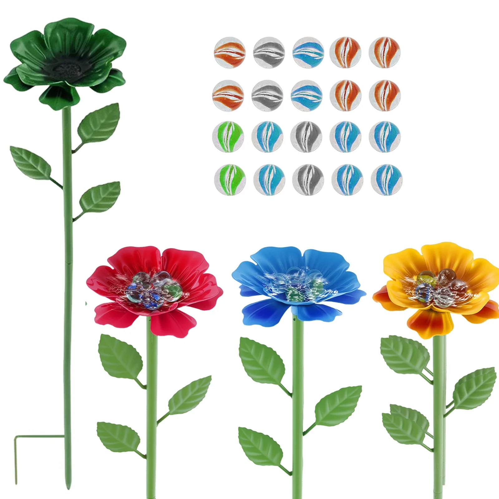 

4Pcs Bee Watering Cup Garden Metal Flower Bee Waterer Water Feeder Station with 20 Glass Marble Butterfly Insect Drinking Cup