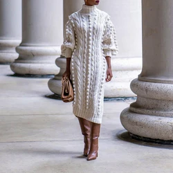 BKLD 2024 Autumn/Winter Style Women Elegant Knit High Collar Thick Pullover Casual Mid Length Trendy Side Split Dress Streetwear
