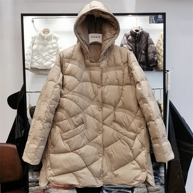 Nowe Płaszcze Zimowe Kobiety 90% Płaszcz Puchowy Ultra Lekka Kurtka Puffer Feather Kurtka Z Kapturem Jesień Ciepła Dorywczo Lekka Damska Parka