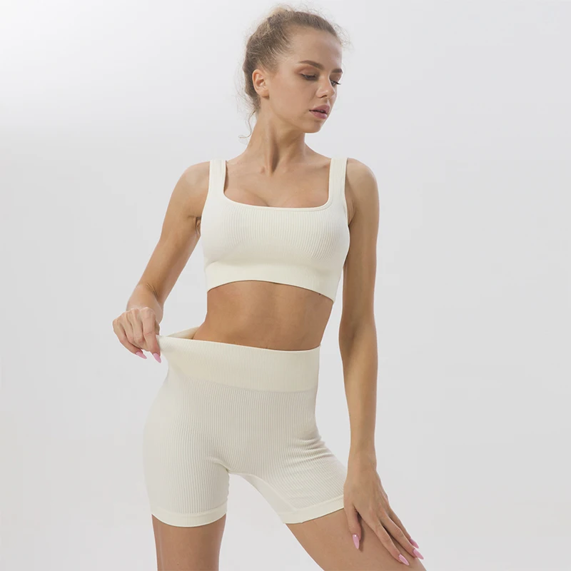 

Plus Size Solid Colors Women Seamless Yoga Set Quick Dry Training Sports Fitness Yoga Vest Tight High Waist Yoga Pants Shorts