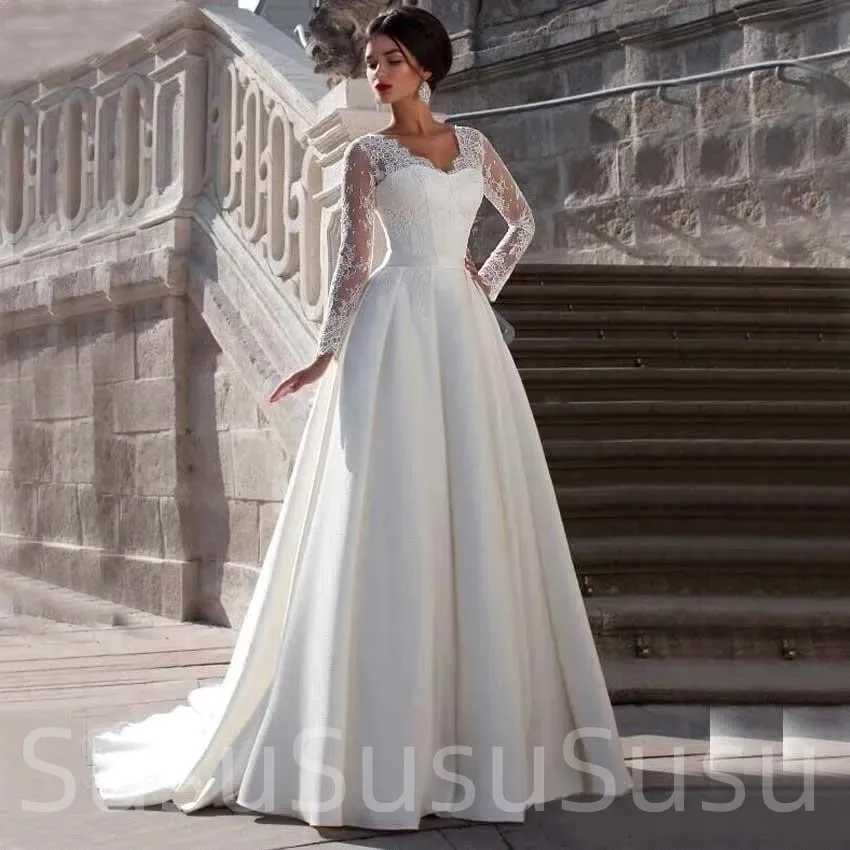 Elegant V-Neck Chiffon Wedding Dress Long Sleeves Simple Wedding Gowns 2021 Backless Bridal Gown For Women Robe De Mariee