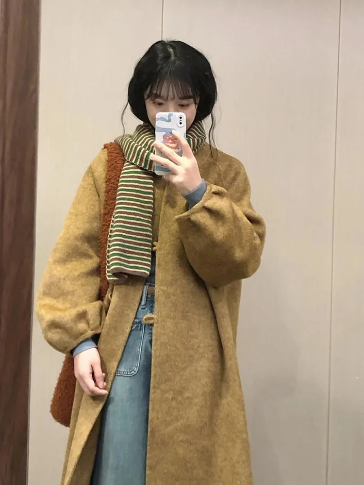 

Корейское шерстяное пальто-фонарь с рукавами-фонариками, женское, зимнее, новое, свободное, длинное, средней длины, для повседневной носки, модное, из полиэфирного волокна