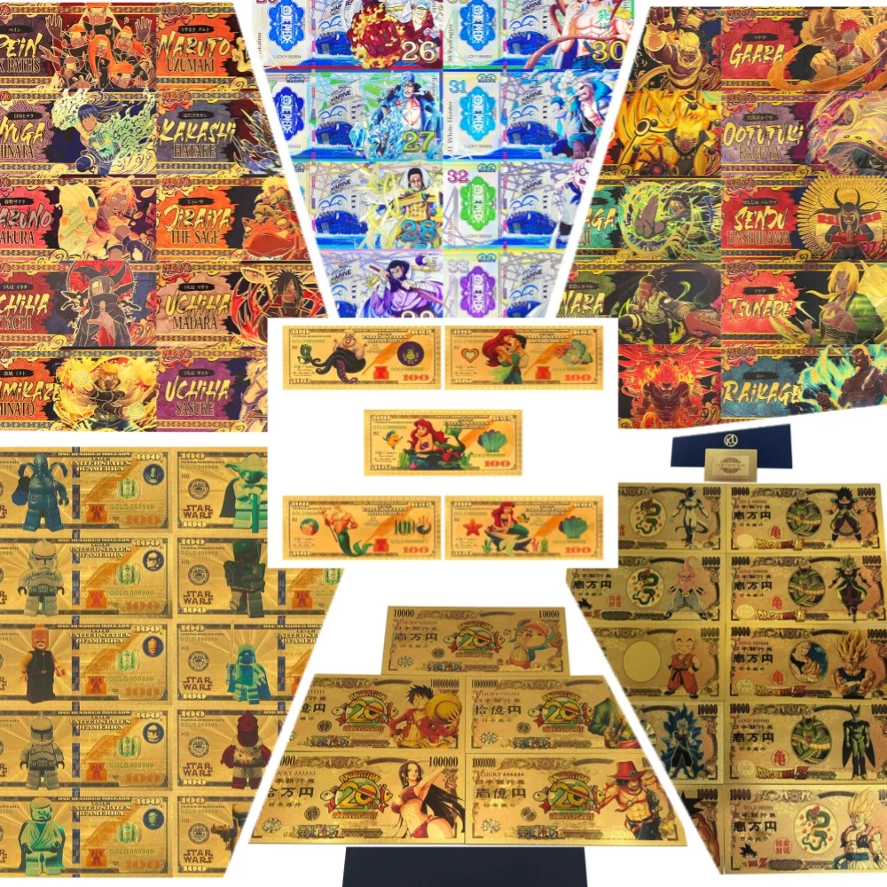 

All Styles Nice Anime Hot Sales Dragon Ball One Piece Gold Banknote Anime Gold Card Gold Plated Collection Commemorative Gifts
