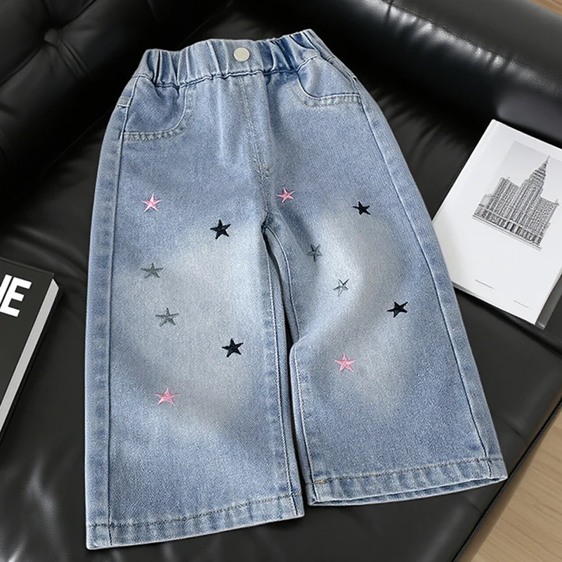 Girls' Jeans Fall New Straight Wide Leg Washed Soft Denim Baby Girls' All-Match Loose Long Pants