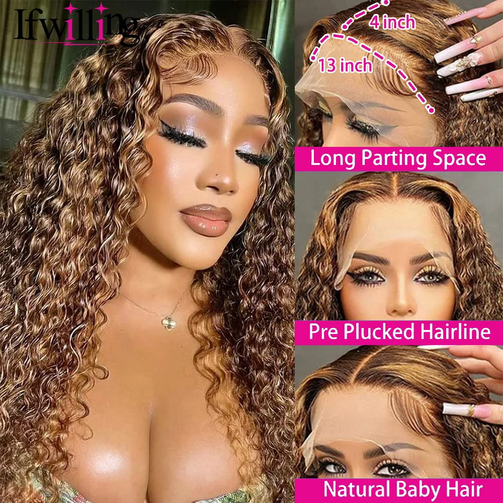 Water Wave 13x6 Lace Front Wig HD Lace Ombre Human Hair Wig Highlight Wig Human Hair 4/27Colored Human Hair Wig Blonde Brown Wig