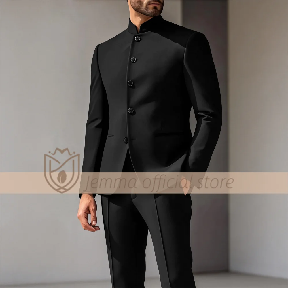 Men's 2 Piece Suit Color Block Stand Collar Blazer Pants Slim Fit Wedding Groom Tuxedo Fashion Party Prom Attire
