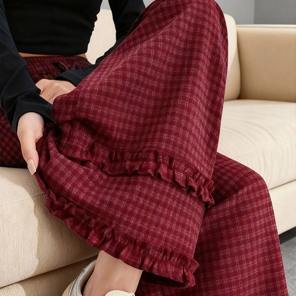 

Huge good-looking red fungus lace checked casual wide-leg pants 2026 spring popular popular thickened narrow pants