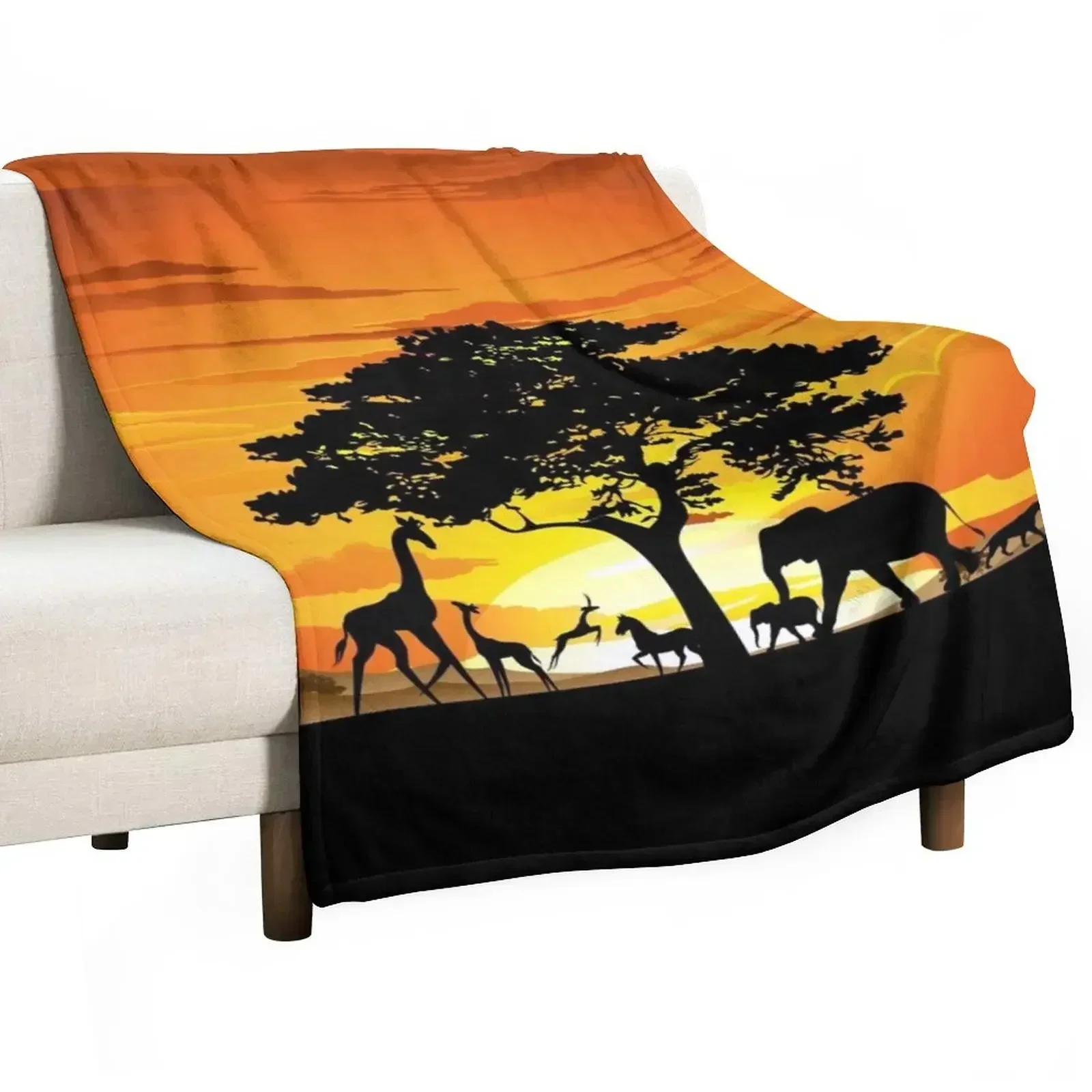 Wild Animals on African Savanna Sunset Throw Blanket for winter Plaid on the sofa Flannel Loose Blankets