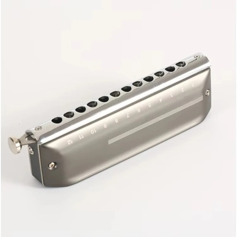 12‑Hole Chromatic Harmonica Silver Aluminum Comb Phosphor Bronze Reeds For Professional Performance