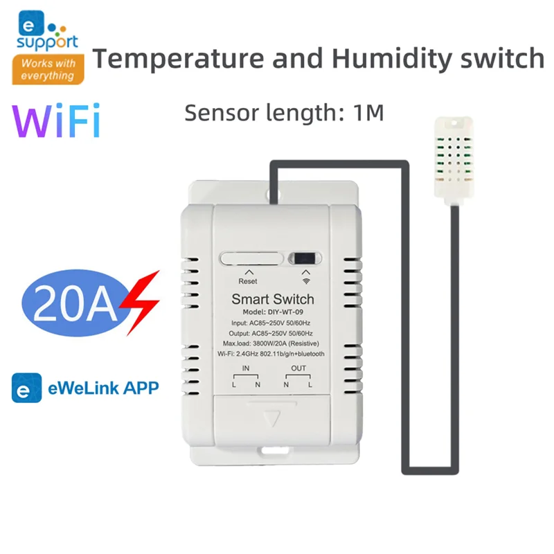 مفتاح درجة الحرارة والرطوبة الذكي واي فاي مع مستشعر 1 متر Ewelink 20A مفتاح رطوبة درجة الحرارة يدعم التحكم الصوتي
