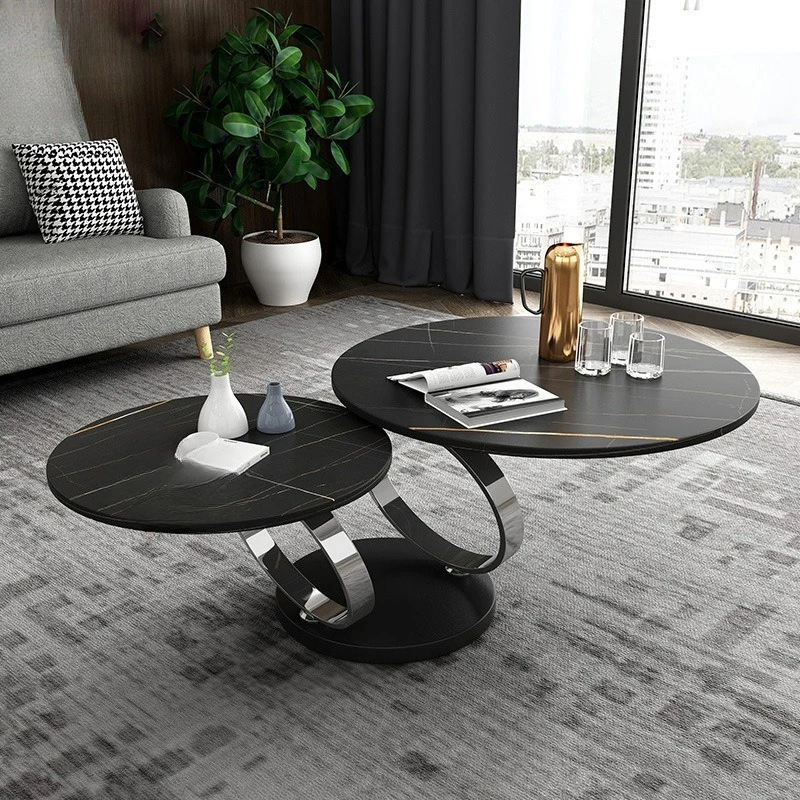minimalist modern rock slab rotatable multi-functional small apartment creative round retractable coffee table