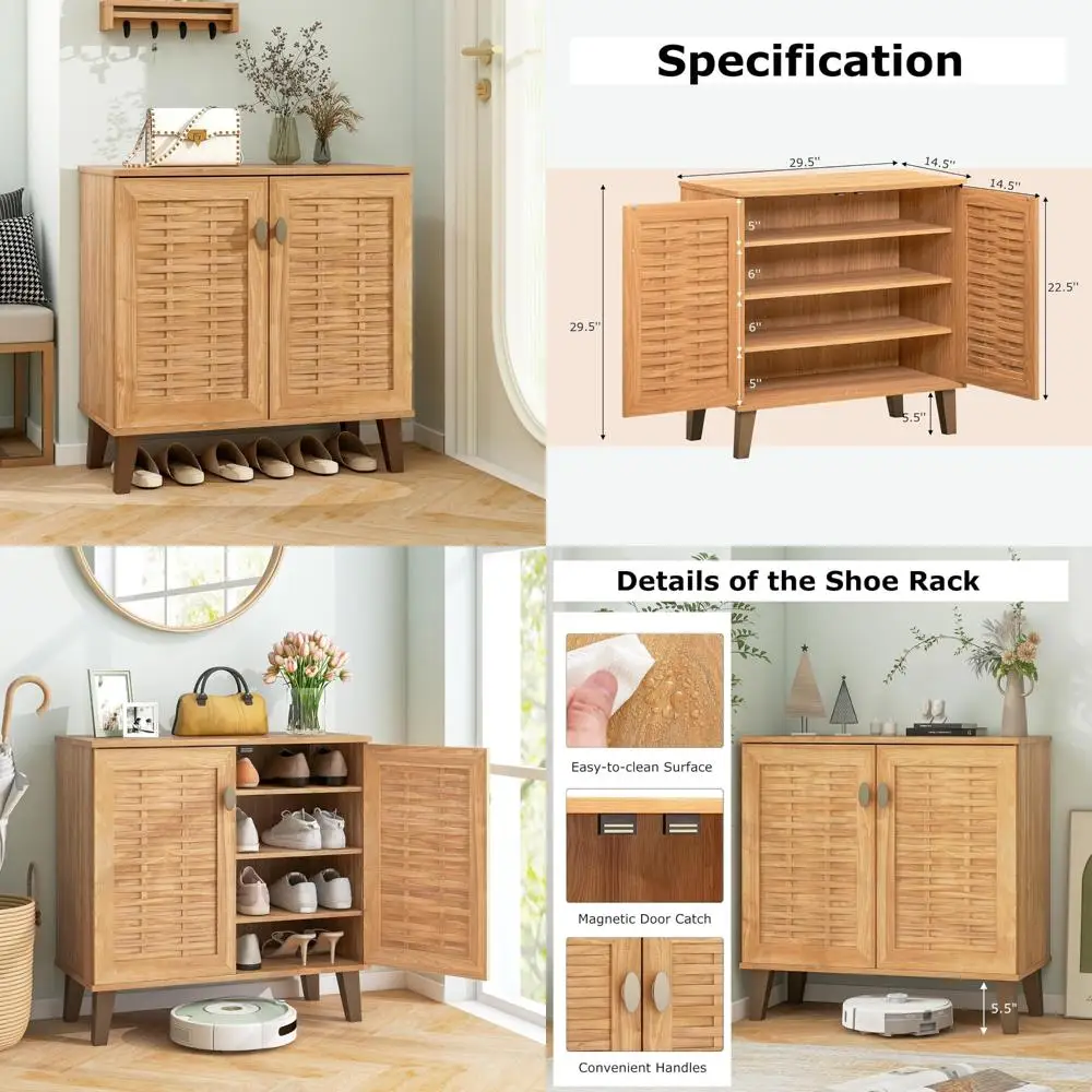 خزانة تخزين الأحذية ذات 4 طبقات على طراز المزرعة مع بابين و3 أرفف قابلة للإزالة، منظم ريفي قائم بذاته للمنزل #1