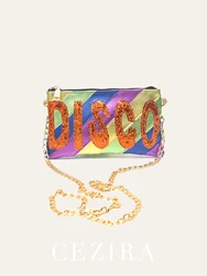 Women's PU Vegan Leather Square Zip Clutch Handbag Fashion Colorful Dazzling Shiny Sequins Letters Chain Small Cross body Bag