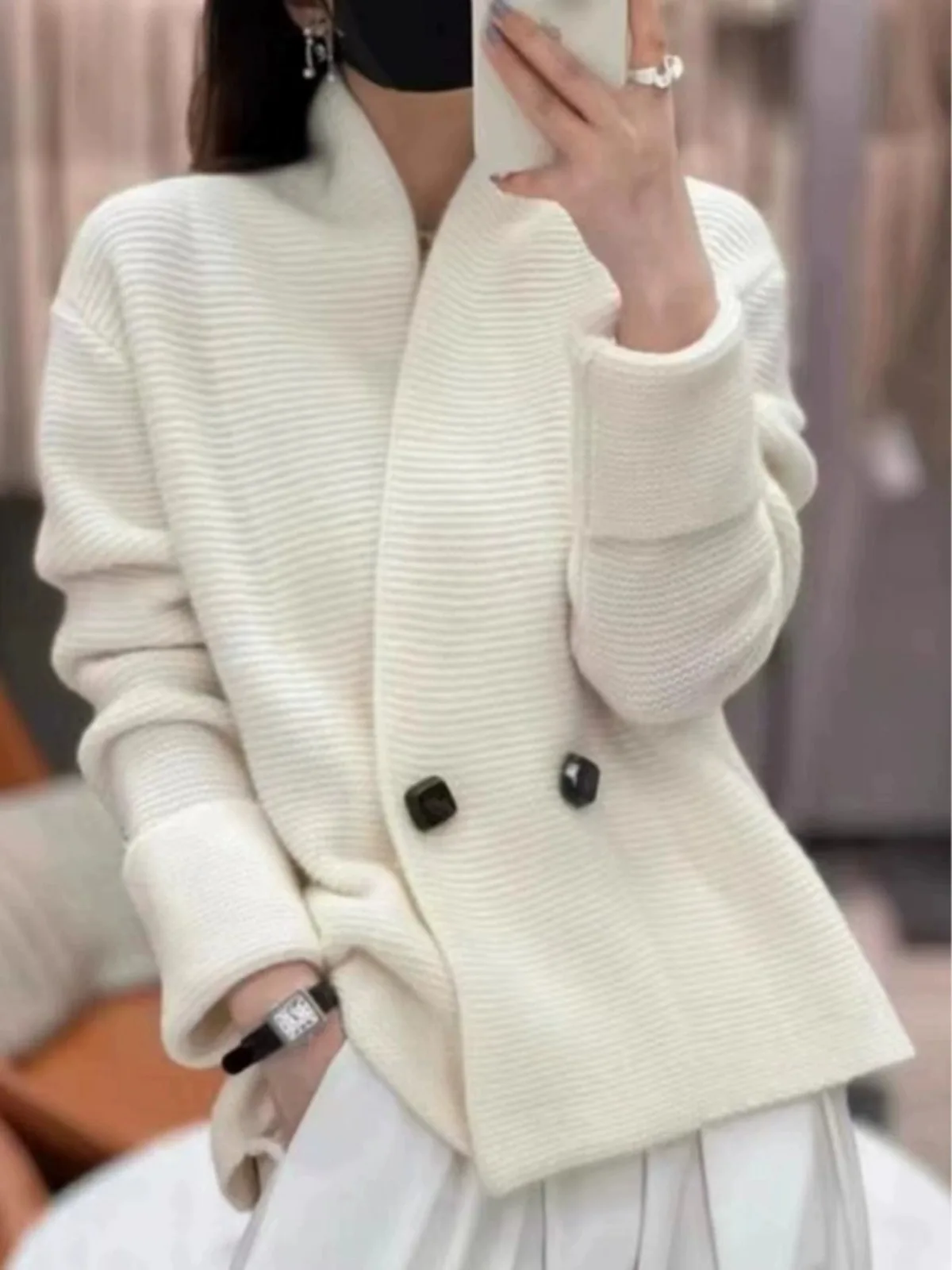 European 100% cashmere knitted cardigan coat Female autumn and winter temperament  loose wool sweater coat