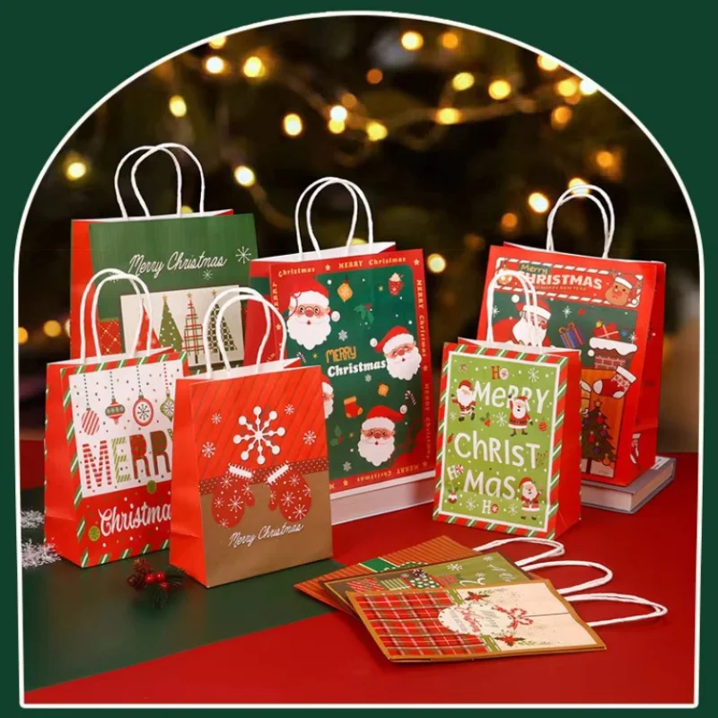 

20PCS Thick Elegant Kraft Paper Handle Christmas Gifts Bag DIY Portable Xmas Snack Sugar Bread Child Present Packaging Pouches