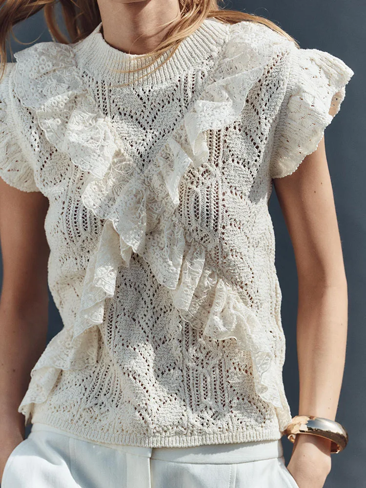 New Summer 2025 Women's Knitted Top with Embroidered Layered Decorative Me Fabric Commute Sle 00% Other Material