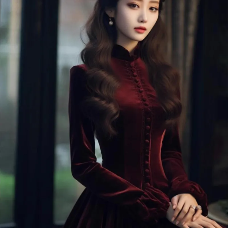 New Women's Clothing Pear Shapes Draping Effect Mature Adult Lady like Woman Red Velvet Dress