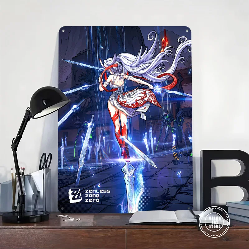 Zenless Zone Zero Anime Character With Swords Personalized 3D Textured Metal Poster Wall Art Vintage Tin Signs for Room Decor