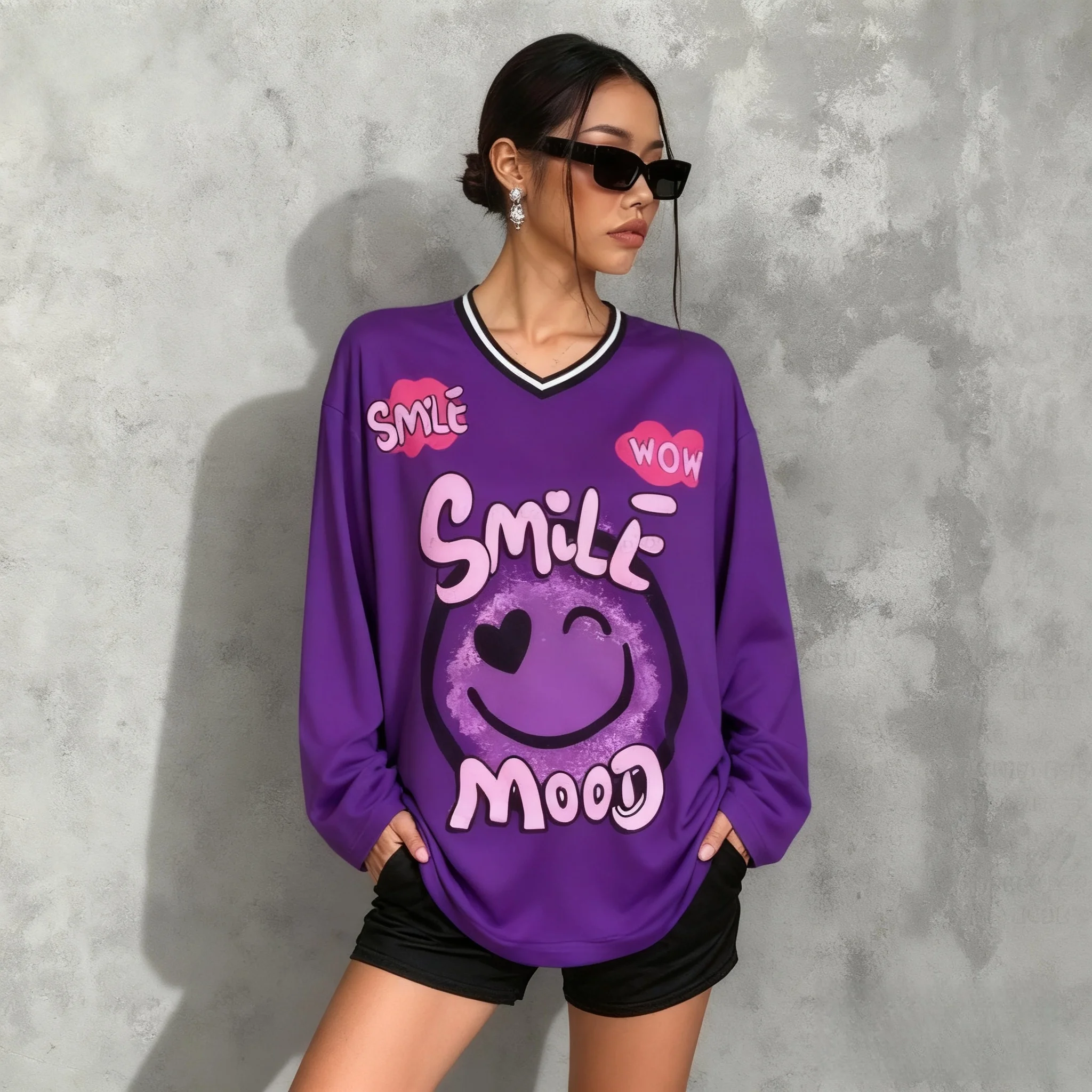 Primavera e autunno American Street Love Smile T-shirt a maniche lunghe Y2K da donna oversize D T-shirt sportiva di tendenza stampata