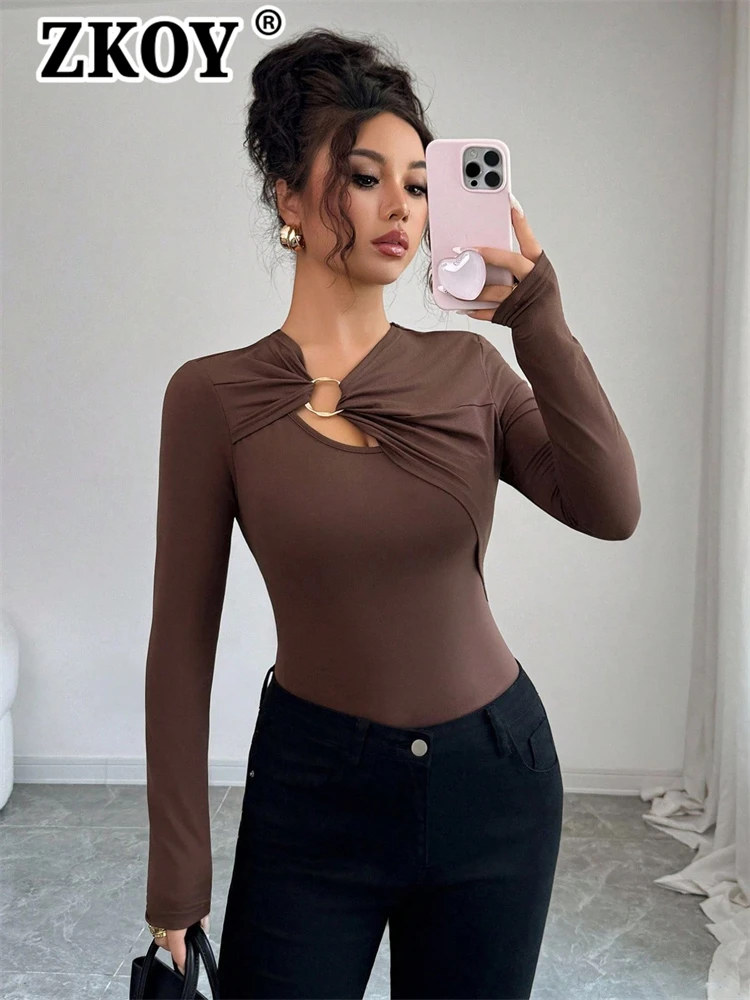 Zkoy Autumn 2026 New Fashion Crop Top Women Weekend Outing Hollow Out Long Sleeve O-Neck Trendy Tshirt Date Night Hot Sale