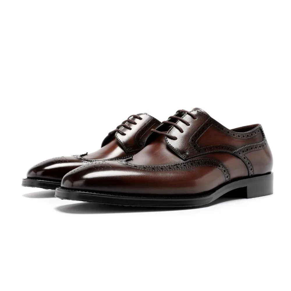 Genuine Leather Brogue Carved Mens Formal Dress Shoes Vintage British Pointed Toe Breathable Derby Shoes For Wedding Business