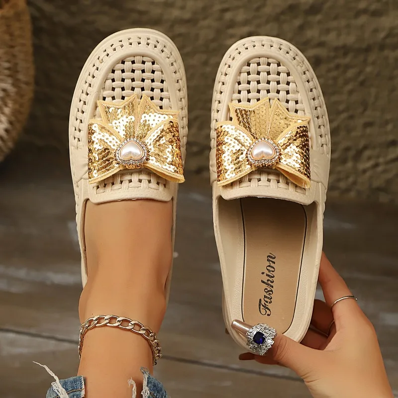 Summer New Simple Hollow Out Casual Wedge Women's Sandals 2026 Fashion Bow Decor Closed Toe Thick Soled Women Sandalias De Mujer