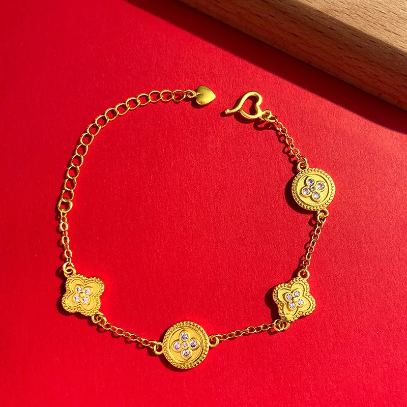 

Gold store same style jewelry 9999 four-leaf clover 24K real gold ancient enamel bracelet