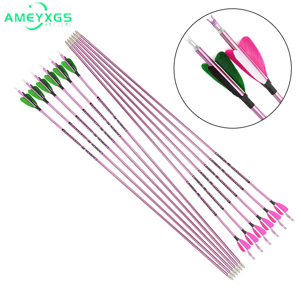 

Archery 6/12pcs Pure Carbon Arrow 2'' Cordate Turkey Feather +/- 0.006 ID 4.2mm Spine 400-1000 for Bow Hunting Shooting