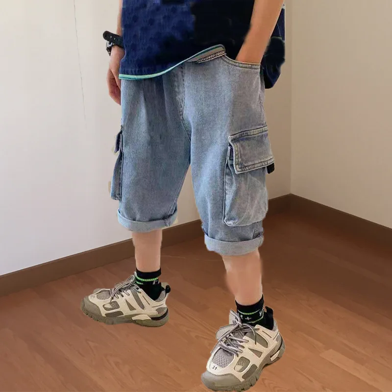 Boys Denim Shorts 2022 Summer Loose Kids Jeans Fashion Big Pocket Medium Trousers Teens 4 To 14 Years Children's Summer Overalls