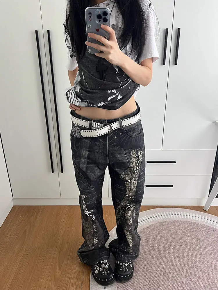 

American High Waist Jeans High Waist Print Pockets Spicy Girl Style Y2k Flare Pants Punk Gothic Design 2025 Women's Clothing