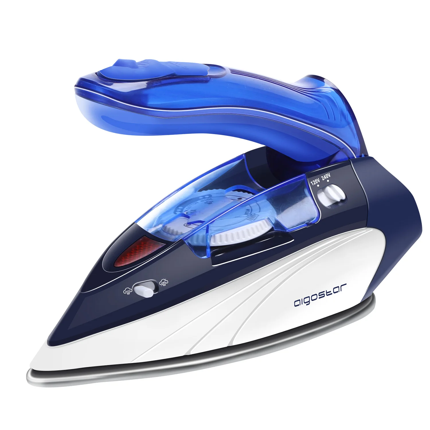 Aigostar travel steam iron, foldable handle, stainless steel sole, dual voltage 120V-V V, 1100W, temperature selector