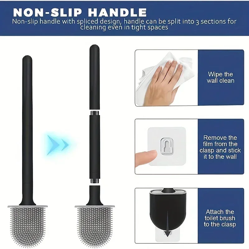 فرشاة تنظيف فرشاة المرحاض من السيليكون، رأس مسطح، مرن مثبت على الحائط، مجموعة حامل فرشاة تنظيف المرحاض السوداء للحمام المرحاض #6