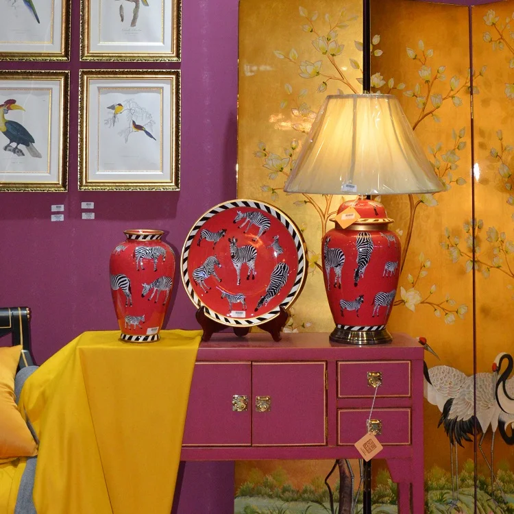Chinese Style zebra Pattern and Red Living Room Ceramics Table Lamp Base