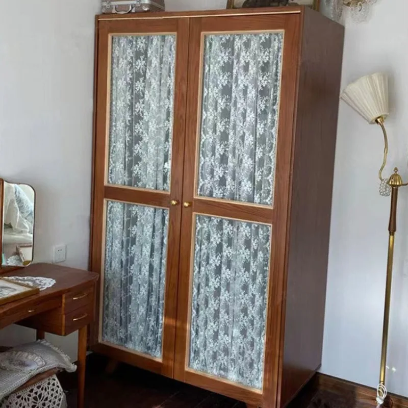 French retro solid wood wardrobe cherry wood double door gauze curtain glass cabinet