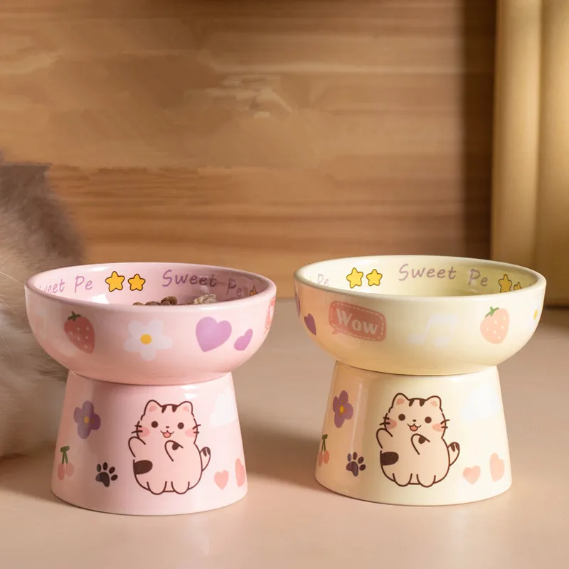 Tazón de Cerámica para Mascotas, Diseño Elevado para Protección del Cuello, Tazón para Comida de Gato, Anti-Manchas Negras en la Barbilla, Tazón Plano para Perros y Gatos, Accesorios para Mascotas