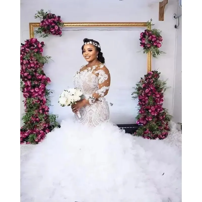 

Customized Plus Size White Lace Mermaid Wedding Dresses Detachable Train Long Sleeves Beaded African Bridal Gowns Sweep Train Ro
