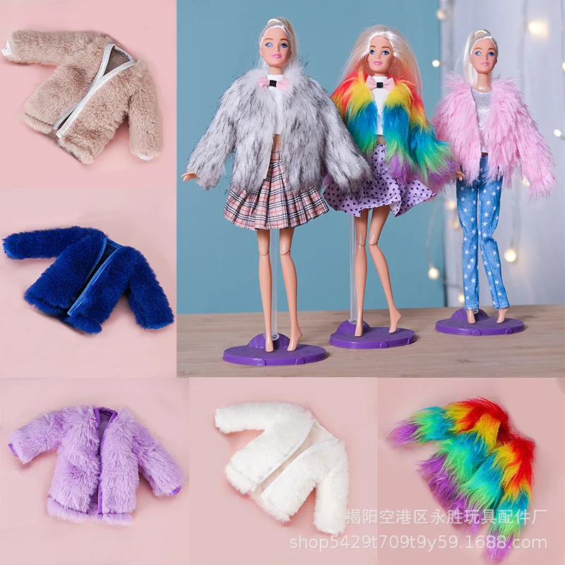 1pc Short Sleeve Soft Fur Coat Tops Dress Winter Warm Casual Wear Accessories Clothes for Barbie Doll Kids Toys