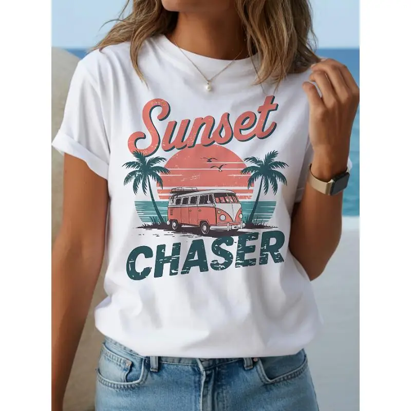 

Sunset Chaser T-Shirt Women Vintage Van Palm Tree Graphic Tee Beach Vacation Travel Summer Holiday Casual Top