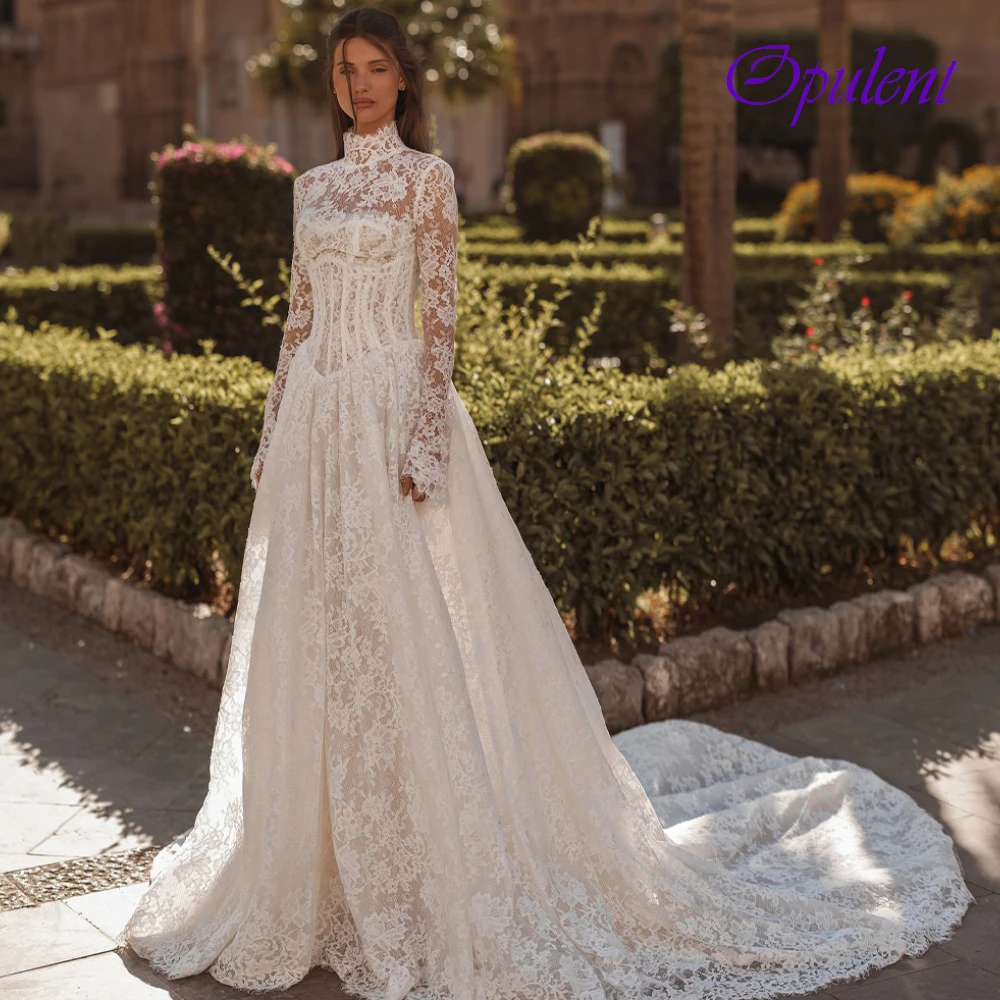 Customized Elegant White Lace Wedding Dress Formal O-Neck Long Sleeves Robe de mariée Dreamy A-Line Court Train Vestido De Novia