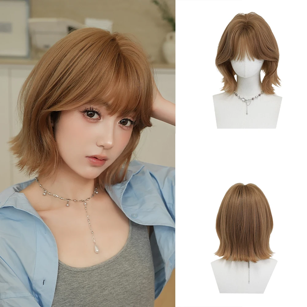 شعر مستعار اصطناعي قصير مجعد عالي الجودة، بني ذهبي رقيق بشكل طبيعي، مناسب للحفلات اليومية النسائية، شعر مستعار مقاوم للحرارة