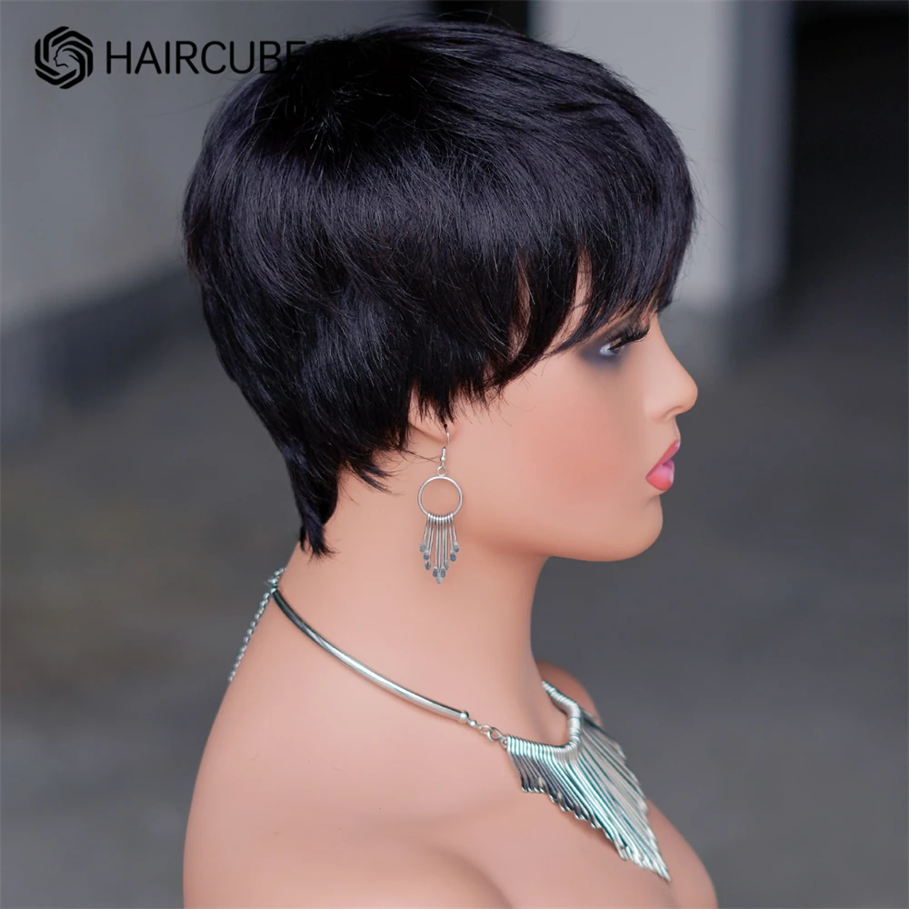 HAIRCUBE Short Straight Pixie Cut Human Hair Wigs Black Layered Bob Wigs with Bangs Machine Made Women Human Hair for Daily Use