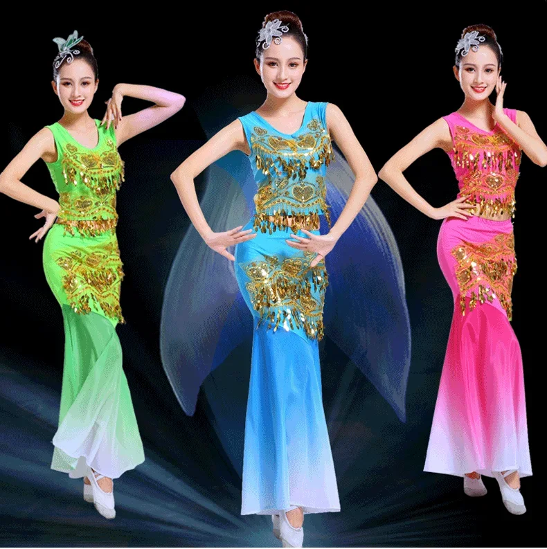 Minority Peacock Dance Costumes Dai Dance Dresses Sequin Tassel Exposed Navel Chinese Folk Dance Costume Women Wear Clothing