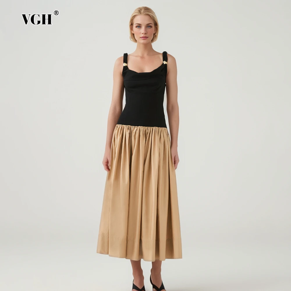 

VGH Hit Color Elegant Summer Dresses for Women Swinging Neck Sleeveless Patchwork Folds French Retro Dress Female Clothing New
