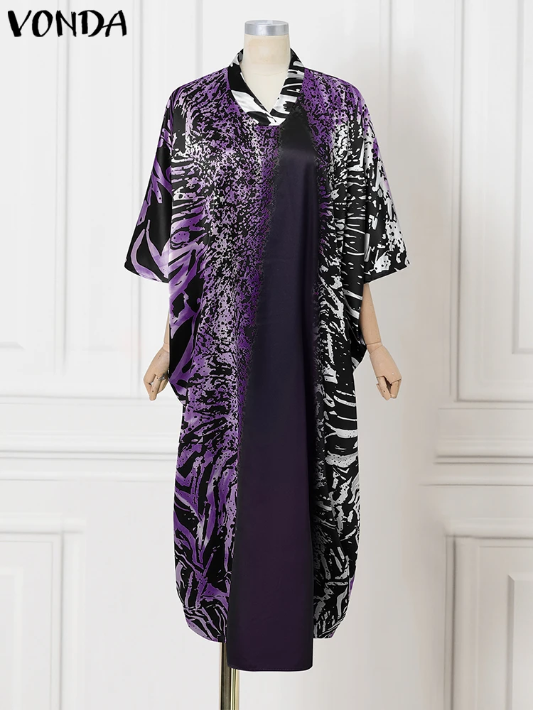2025 Vintage Dress Plus Size Women Printed Maxi Long Sundress 3/4 Sleeve Bat-wing Sleeve Loose Robe VONDA Fashion Party Vestidos