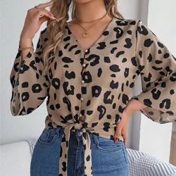 Elegant Flared Sleeve Cardigan Shirt For Women 2024 Spring/summer New Casual Leopard Print Lace Up Chiffon Shirt Top Femme Blusa