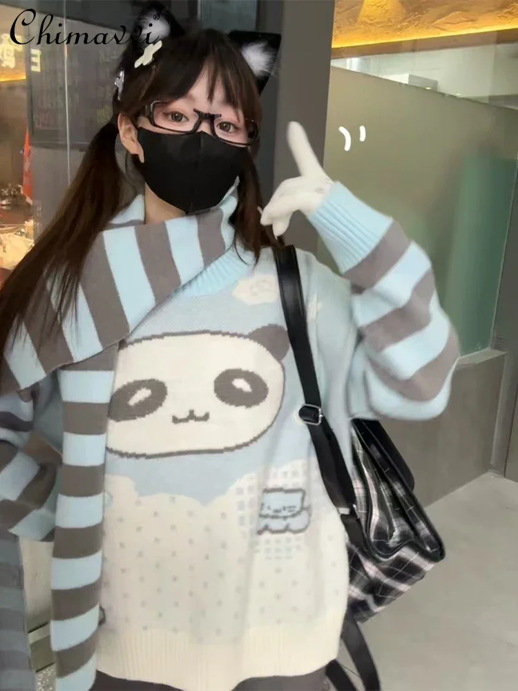

New Autumn and Winter Cute Girls Women Pullover Knitwear Y2K Blue and White Kawaii Cartoon Knited Sweater Female Striped Scarf