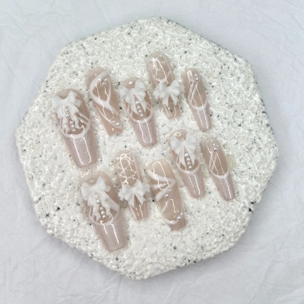 10 Pieces Elegant Wedding Princess Pearls Glitter Handmade Press On Nails 3D Bow French Ballet Fake Nails Removable Reusable